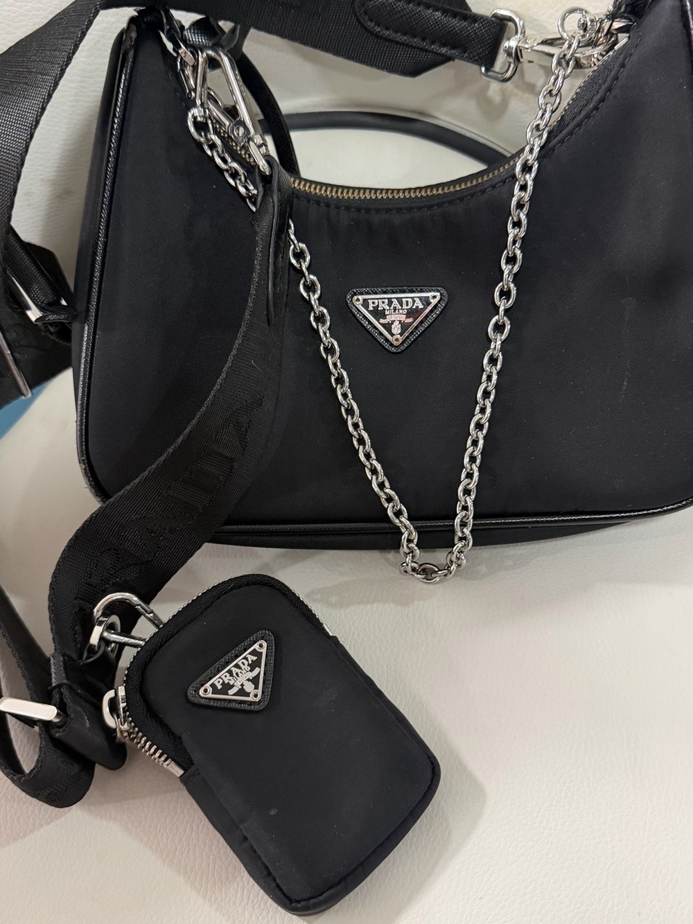 Prada Black Nylon Shoulder Bag with Silver Chain and Pouch